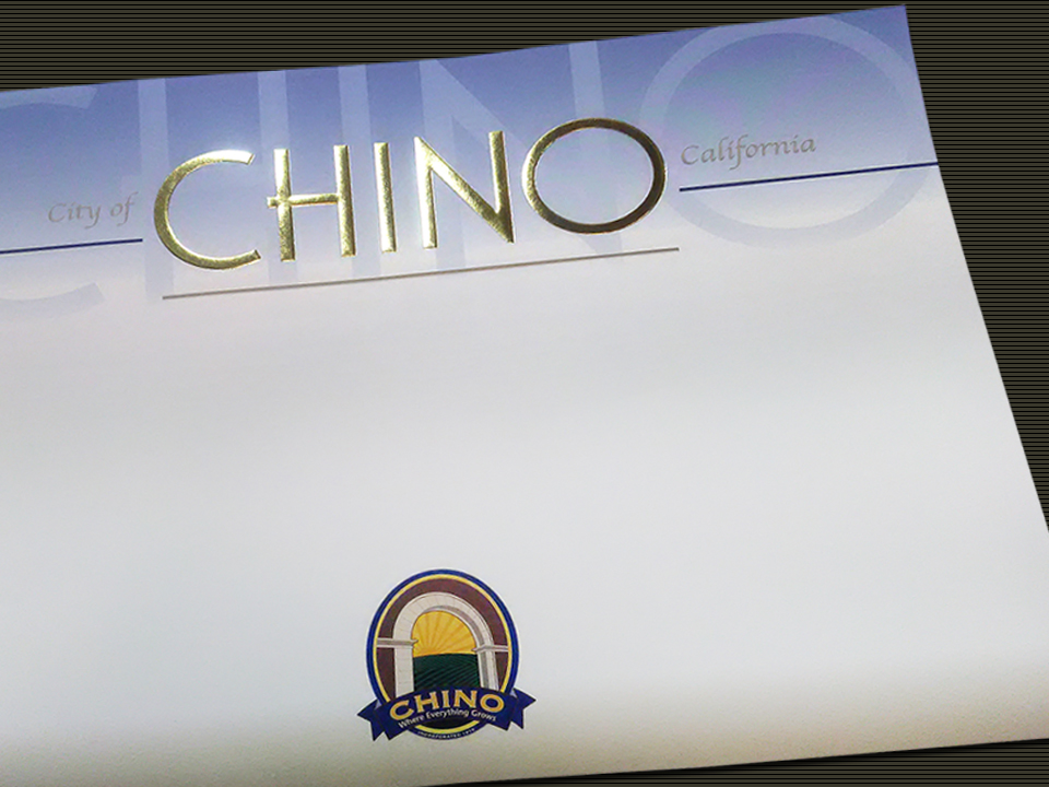 City of Chino, Award Certificate with Embossing and Gold Foil