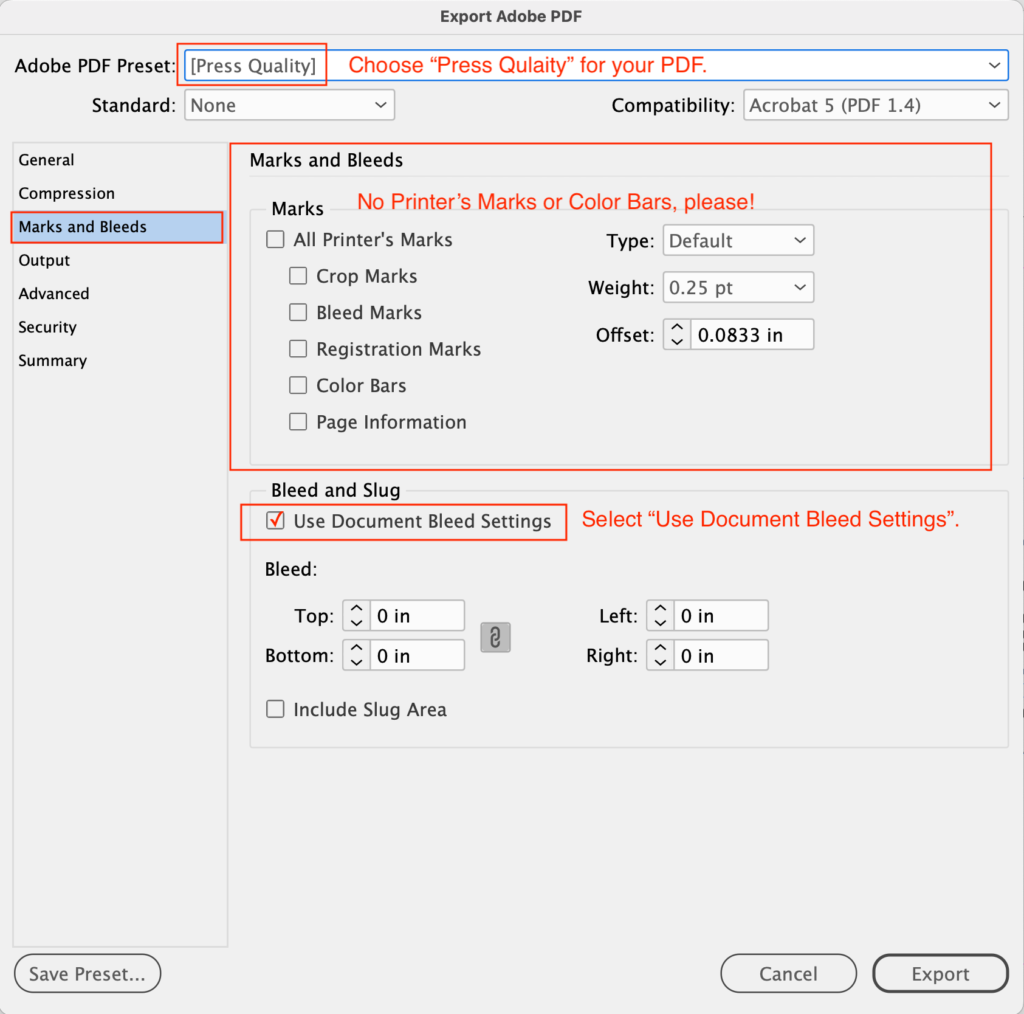 Guidelines for exporting art files to PDF.