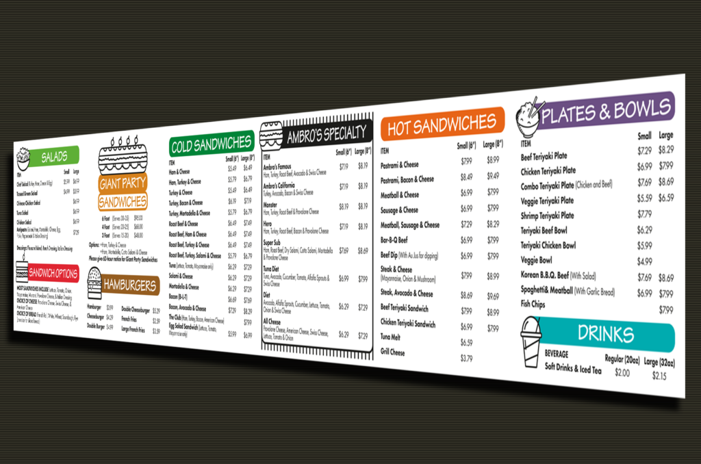 Large format Printing: Ambro's Sandwiches Menu Board