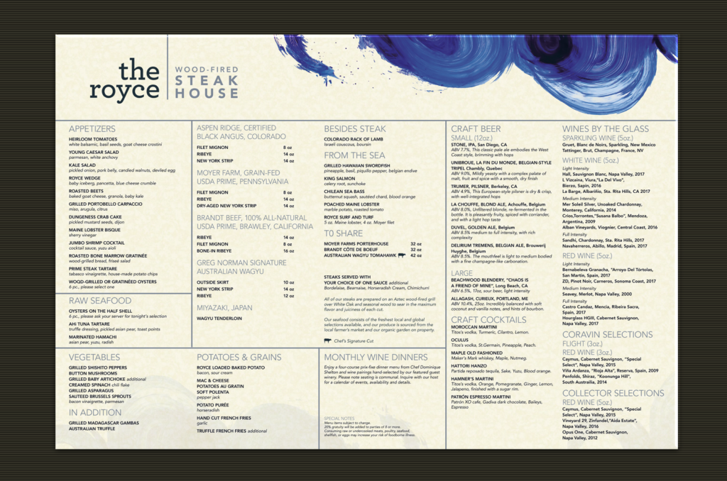 Large format Printing: Royce Steakhouse Menu Board