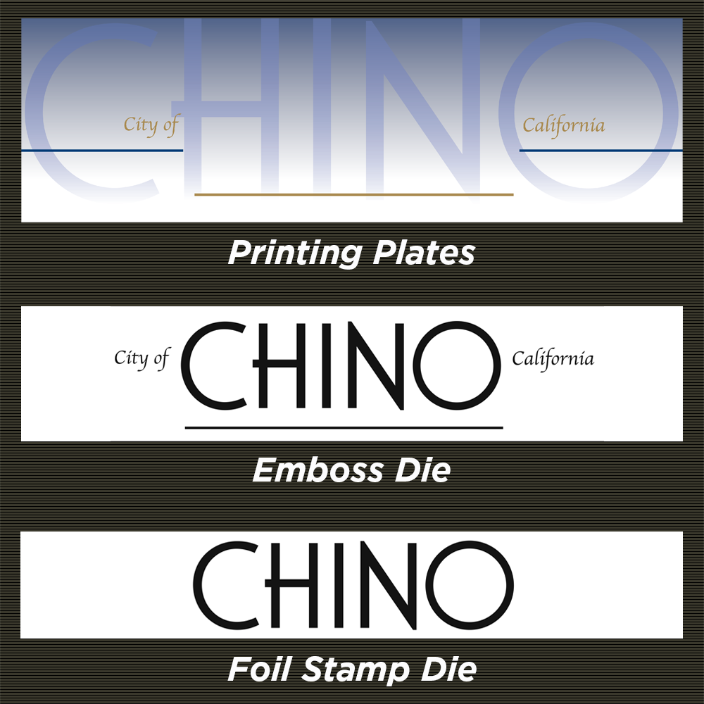 Separate art files for the Printing Plates, the Emboss Die and the Foil Stamp Die.