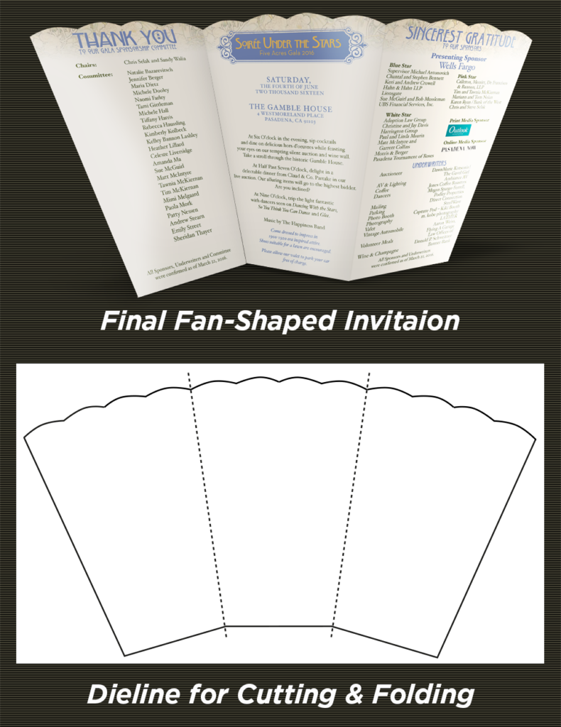 Fan-Shaped Invitation and the Dieline for the cutout and folds.